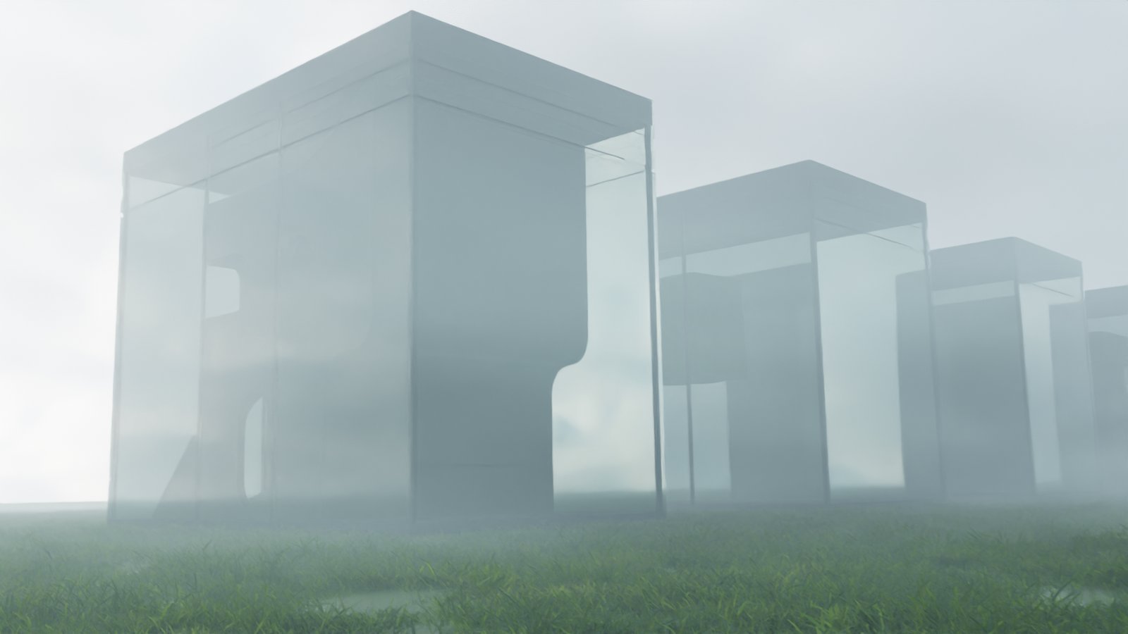 Glass monoliths rising from misty grass