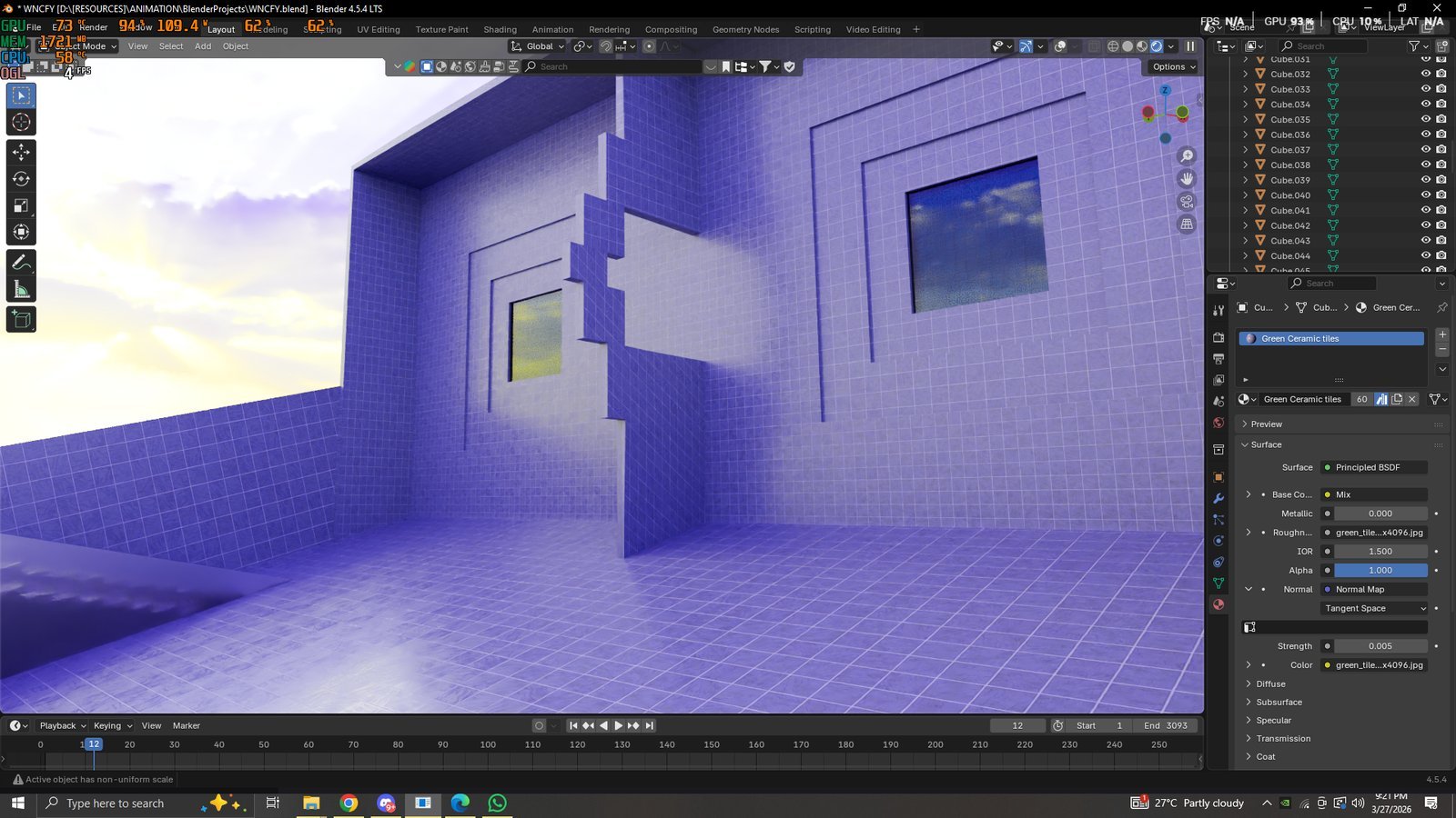 Tiled poolrooms scene in Blender
