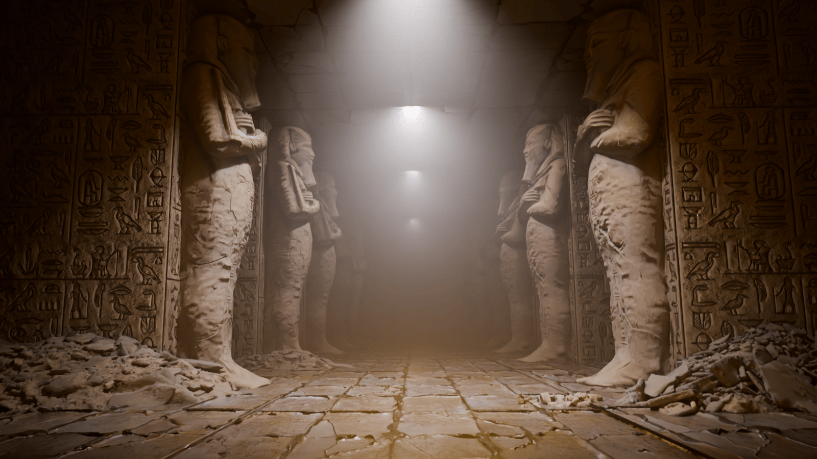 Ancient temple corridor with carved statues — 3D render by Warzan